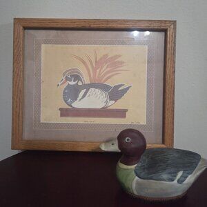 Wood Duck Decor Bundle | Framed Art Print & Wooden Duck Figurine | Rustic Cabin